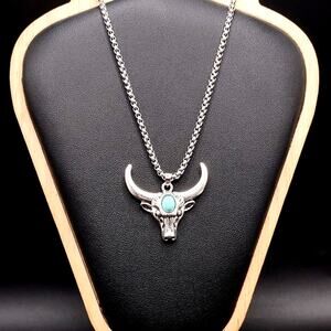 Silver Tone Necklace w/ Turquoise Bull & Horns Pendant Western Vintage Boho Gift